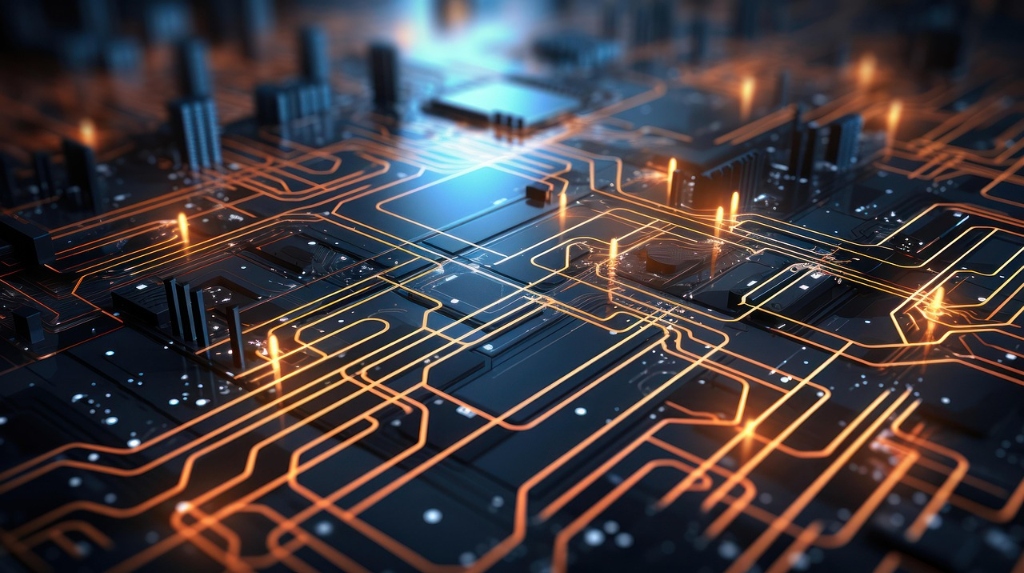 Mercado de tecnologia representado por um circuito integrado detalhado